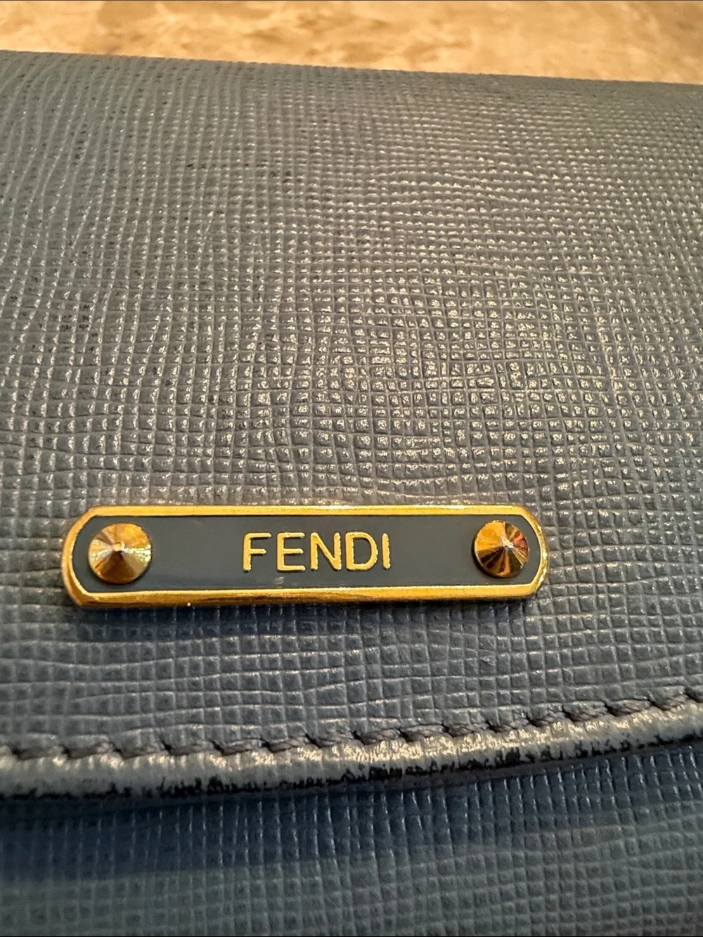 Fendi Authentic Textured Navy Leather Trifold Wallet with Gold Logo Plate - Picture 3 of 17